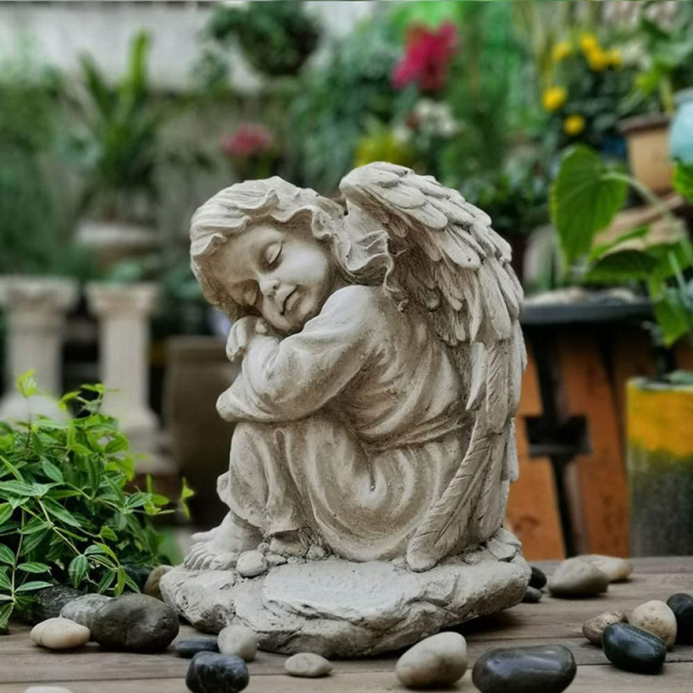 Figurka ogrodowa dla małej dziewczynki na rzeźbie anioła, serce, prezent pamiątkowy, figurka anioła ze skrzydłami, do domu, na trawniku lub do ogrodu (kolor: B prawy)