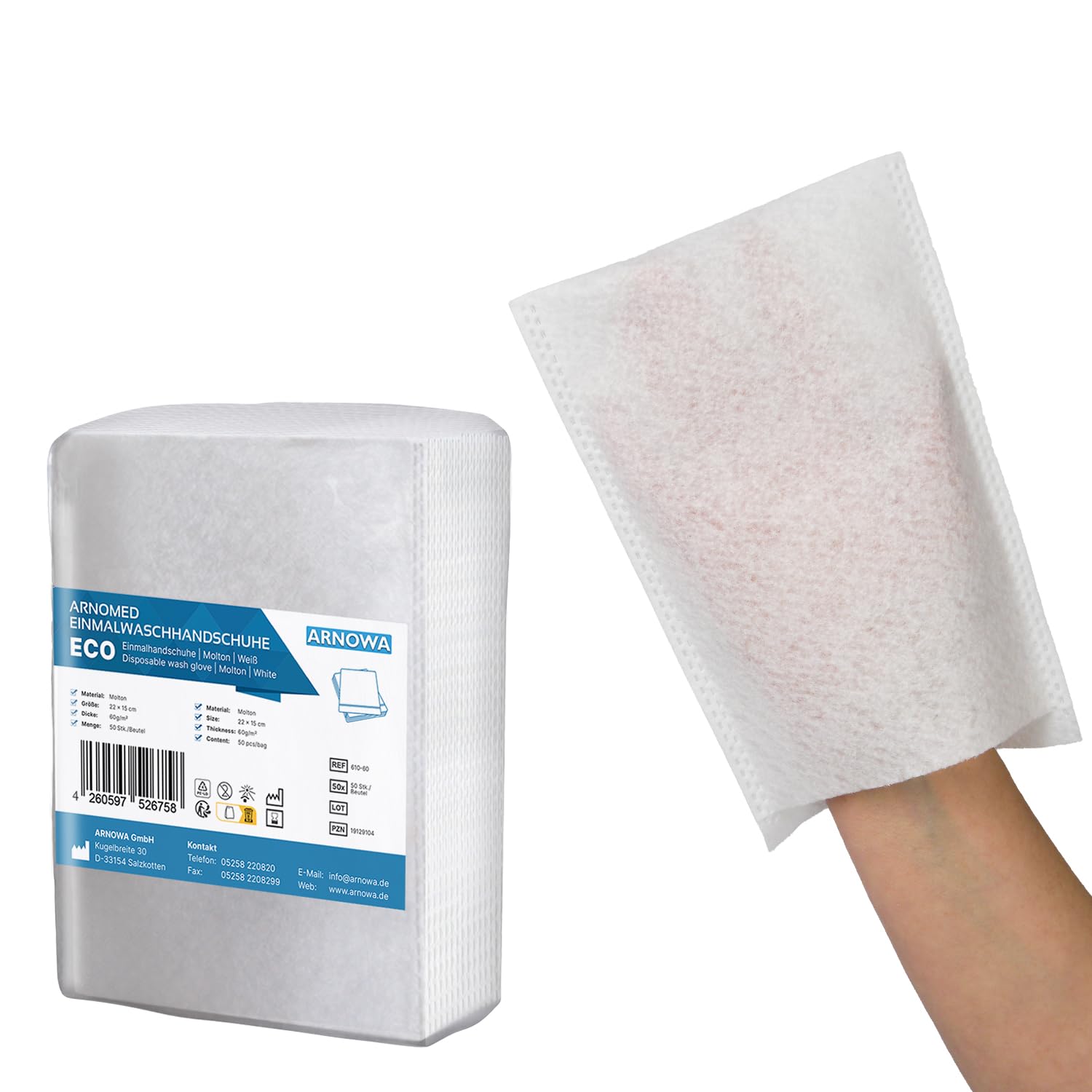 50 ARNOMED manoplas de baño desechables moletón, manoplas desechables secas para bebés, niños y adultos, toallitas desechables individuales 60g/m², blancas y suaves para la higiene personal