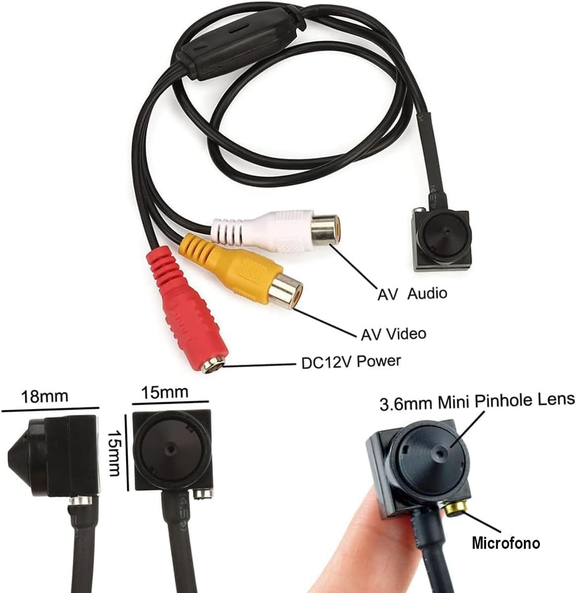 Mini Telecamera Pinhole Spia Nascosta Spy Cam con Microfono per Audio. Microspia Può Essere Visualizzata Direttamente su Monitor, Incluso 1 Alimentatore 12V-1Ah - Per Interno- NO WIFI