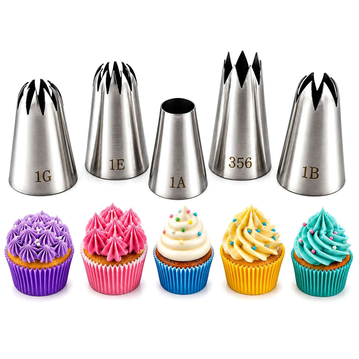 5 Pack Stainless Steel Seamless Piping Icing Tips 1G 1E 1B 356 1A, Large Piping Nozzle, Cake Decorating Tools for Cupcake Baker