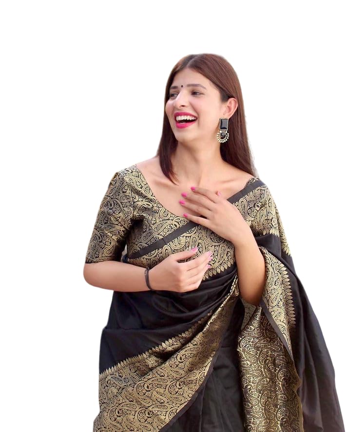 Women Banarasi Art Soft Litchi Silk Beautiful Jacqaurd Rich Pallu Design Work Saree With Unstiched Border Latest Pattern Blouse Piece.….
