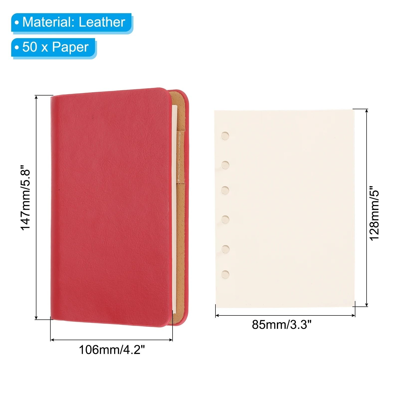1/2 Paquete de Cuaderno de Cuero A7 con 6 Anillas, Mini Agenda Personal de Hojas Sueltas Recargable con 50/100 Hojas de Papel(Red 2Pcs)