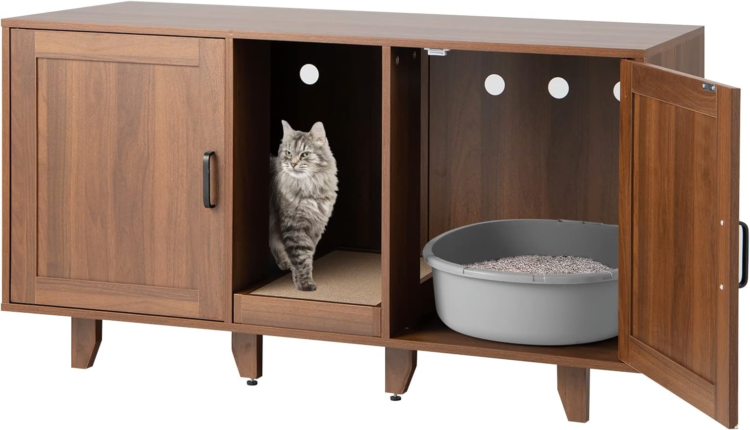GYMAX 2-Door Cat Litter Box Enclosure, Large Stackable Hidden Privacy Kitty Washroom Furniture Cabinet with Winding Entry and Scratching Board, Indoor Cat House TV Stand Side Table (Coffee)