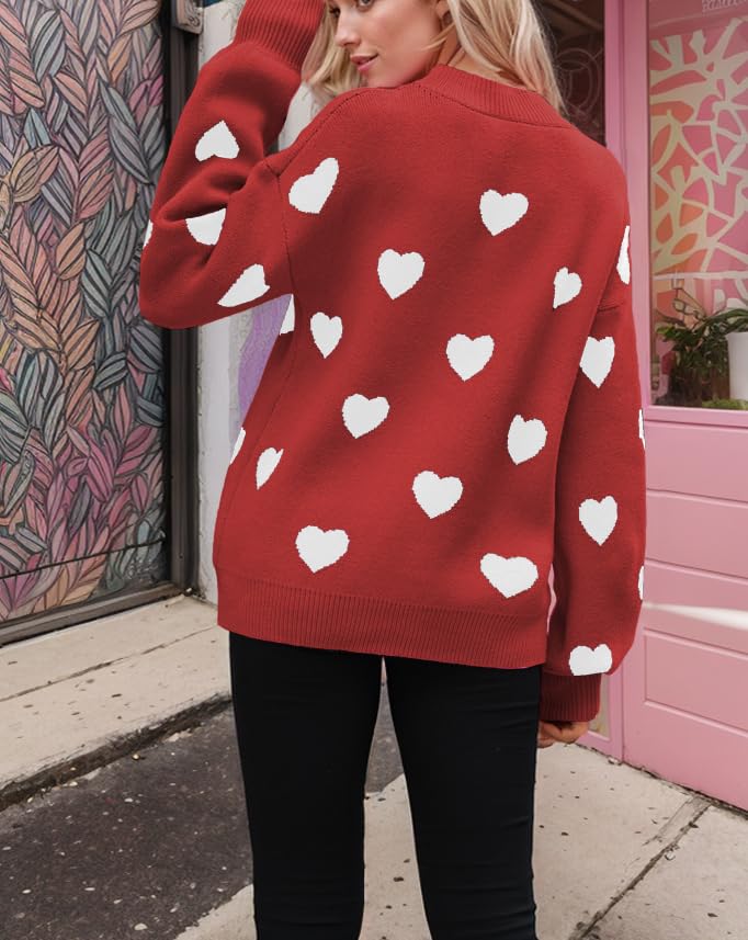 Image of Women's Valentines Pullover Sweaters Cute Hearts Long Sleeve Crewneck Knitted Y2k Sweaters Kawaii Aesthetic Clothes