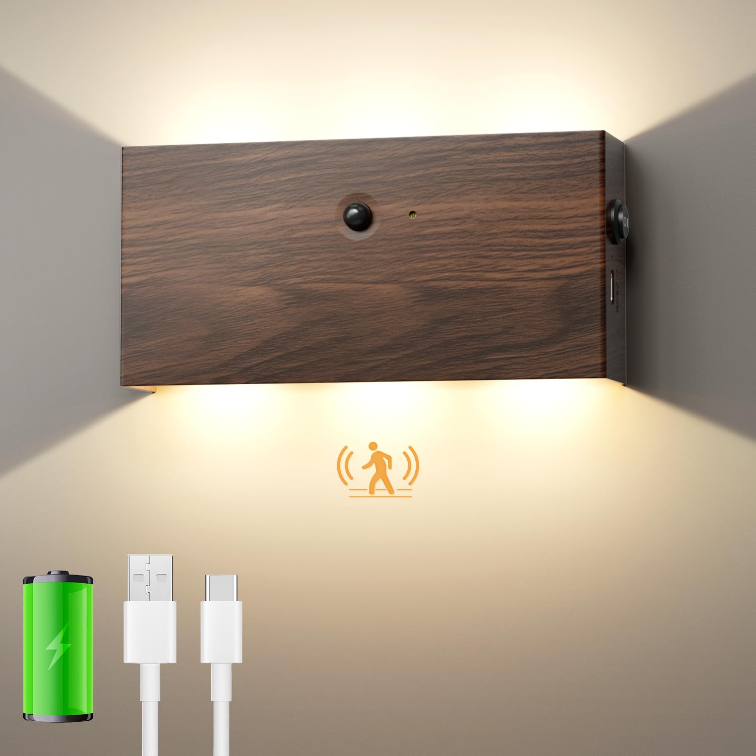 WOKWOYIO Luz de Pared de Interior, Lamparas Pared Sin Cable con Carga USB, Lampara de Pared Magnetica con Sensor Movimiento, 3000K Blanco Cálido Aplique Pared Interior, 5200 mAh, Color Nogal