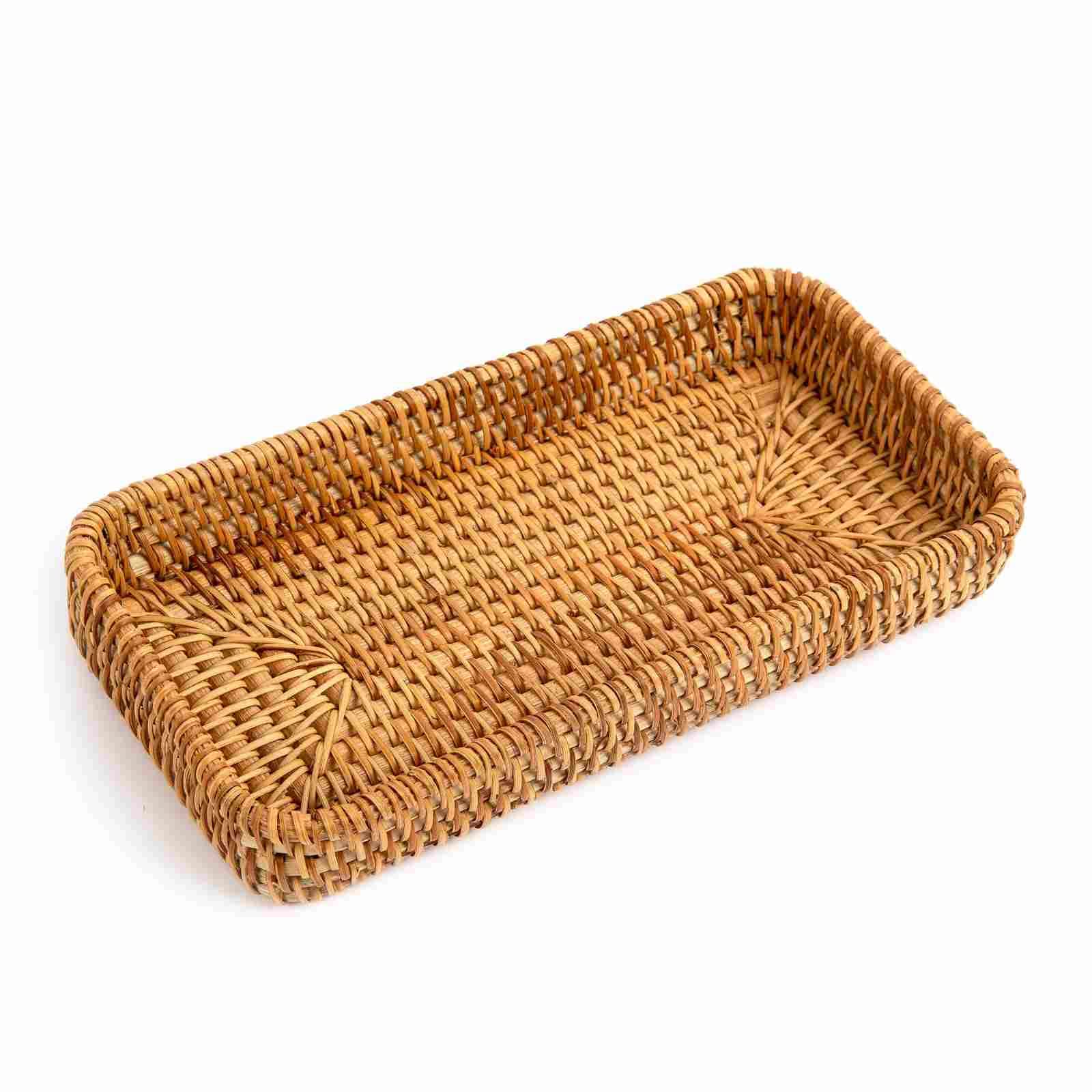 Ręcznie tkana wiklinowa taca do serwowania, dekoracyjny kosz łazienkowy, rustykalny rattanowy schowek na stolik kawowy, toaletka, zbiornik toaletowy, 21 x 11 x 4,5 cm - stylowy dom
