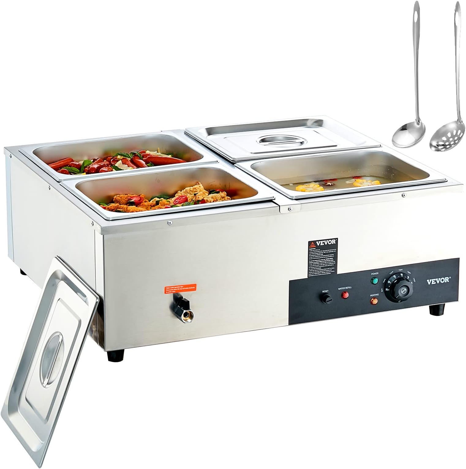VEVOR 4-Pan Commercial Food Warmer, 4 x 12QT Electric Steam Table, 1500W Professional Countertop Stainless Steel Buffet Bain Marie with 86-185°F Temp Control for Catering and Restaurants, Silver