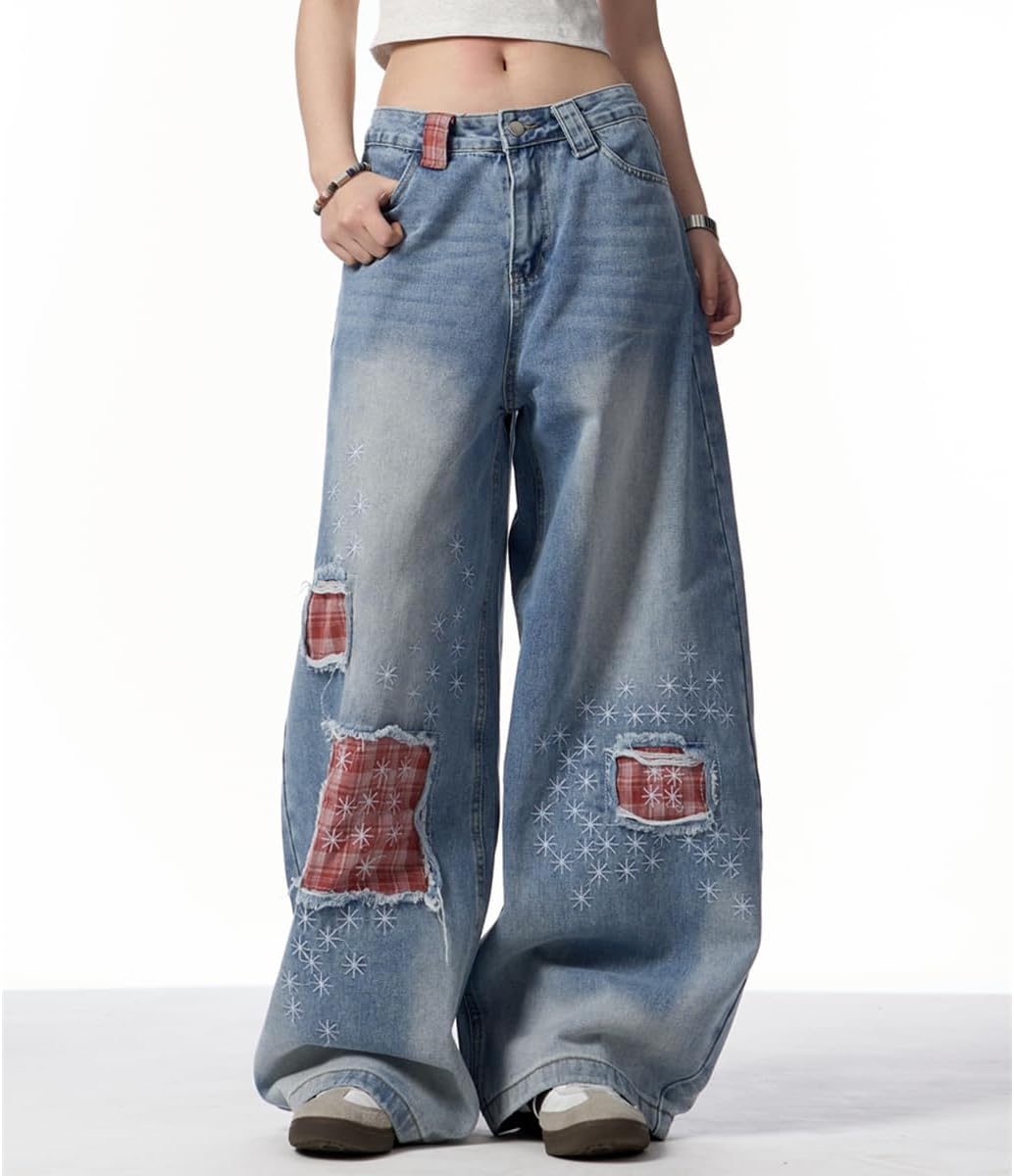 Women's Cute High Waisted Straight Leg Jeans Y2K Fashion Fringe Plaid Patchwork Embroidered Denim Pants - Image 8