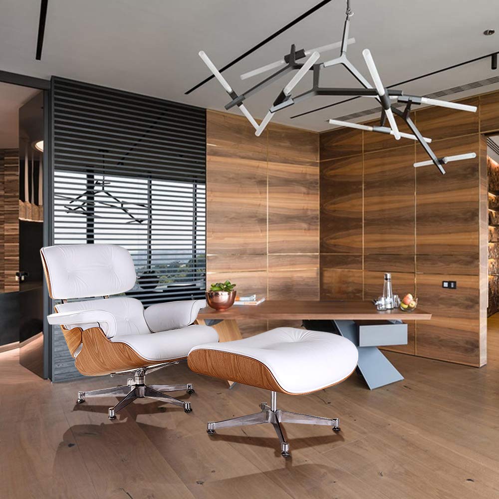 Fauteuil de salon avec pouf en cuir véritable et fond en aluminium robuste, chaise longue moderne pour chambre, salon, salon, bureau (bois de frêne+blanc)