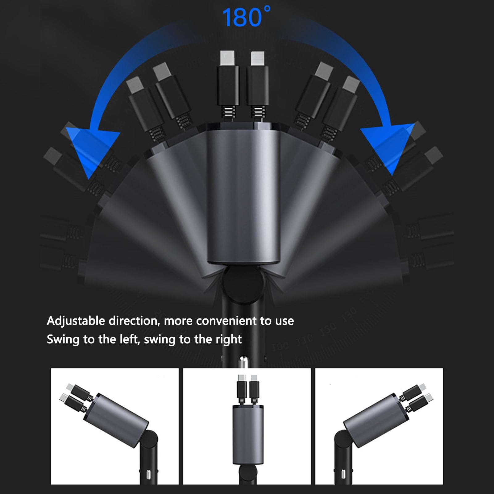 Schnelles Auto-Handy-Ladegerät, Einziehbares Auto-Ladegerät, 4-in-1, 120 W, Schnelles Auto-Handy-Ladegerät, Typ-C-Autoladegerät-Adapter mit 2 Kabeln und 2 USB-Anschlüssen für