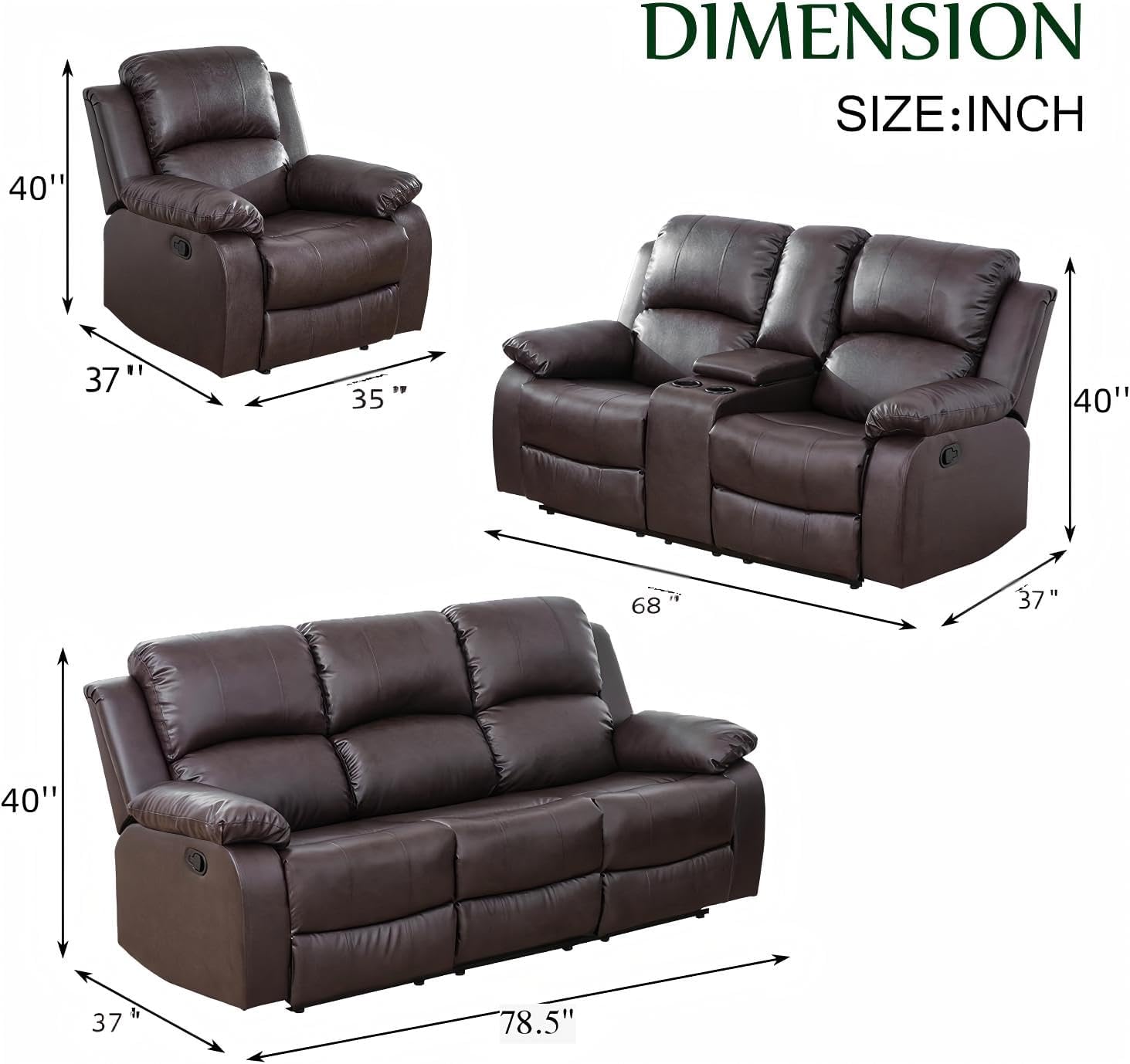 Manual Leather Recliner Sofa Set, Brown Leather Living Room Furniture Set with Cup Holders/Storage Console, 3 Piece Faux Leather Reclining Couches for Living Room
