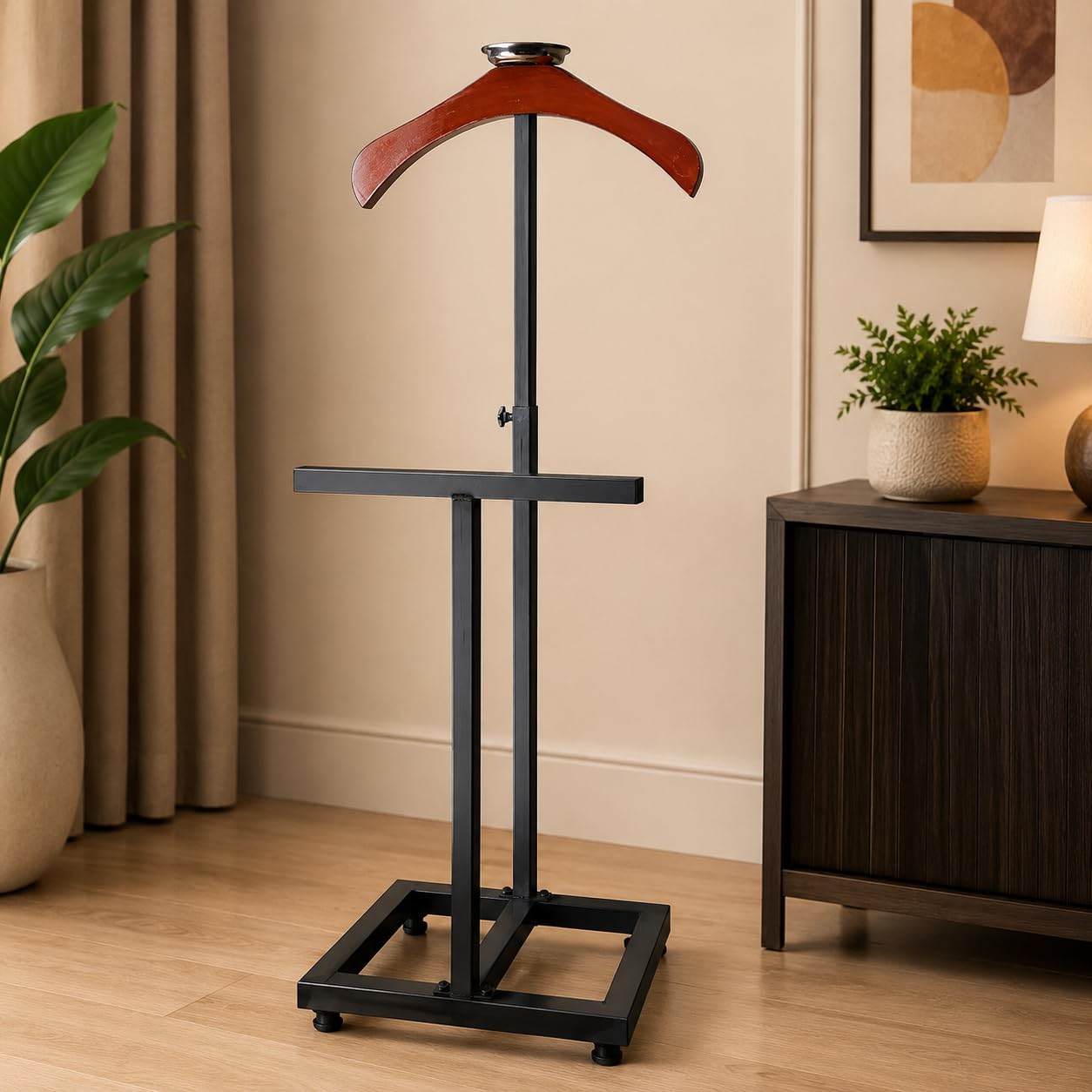 LOCOMOTO Freestanding Suit Valet Stand with Wide Wooden Hanger, 52 inch | Sturdy Metal Frame, Adjustable Height, Easy Assembly, Wrinkle-Free Storage, Home & Office Use-picture-10