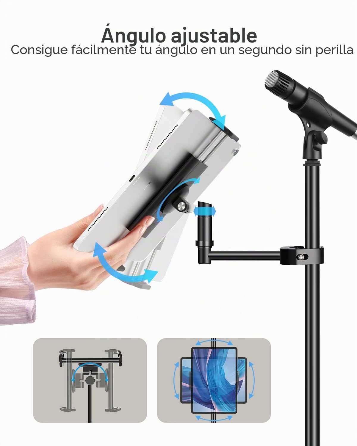 elitehood Aluminio Soporte Tablet Pie de Micro, Montaje Lateral Soporte iPad Microfono con Ajustable de 360°, Soporte Tablet para Micrófono y para iPad, Pro, Mini, Air 4.7-12.9” Tabletas Teléfono