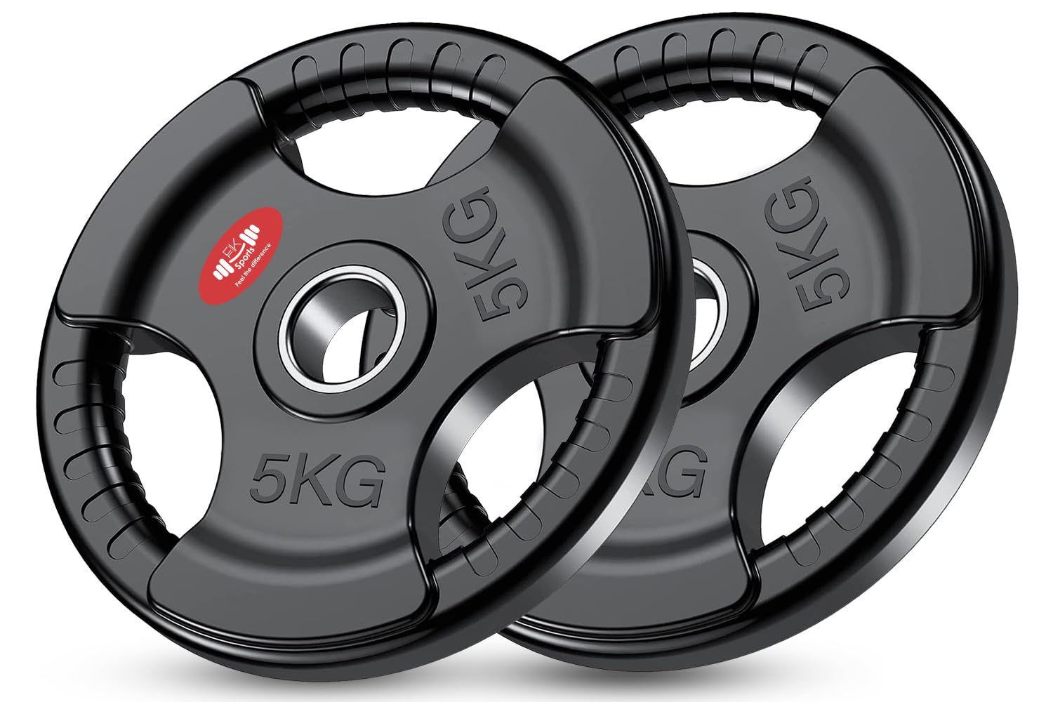 FK Sports Olympic Weight plates Rubber Coated Cast Iron Weights, 2 Inch opening, 2.5kg, 5kg, 10kg, 15kg, 20kg, 25kg, Black Tri grip Barbell Plates, Weight Plates for 2" barbell, Sold in Pair (5 kg)