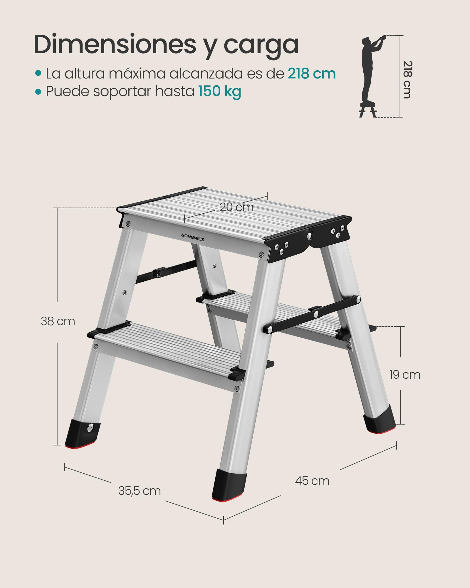 SONGMICS Escalera Plegable, Escalera de Mano, Escalera de Aluminio con 2 Peldaños Antideslizantes, Multifuncional, Carga de 150 kg, Gris Plata y Negro Tinta GLT012E01