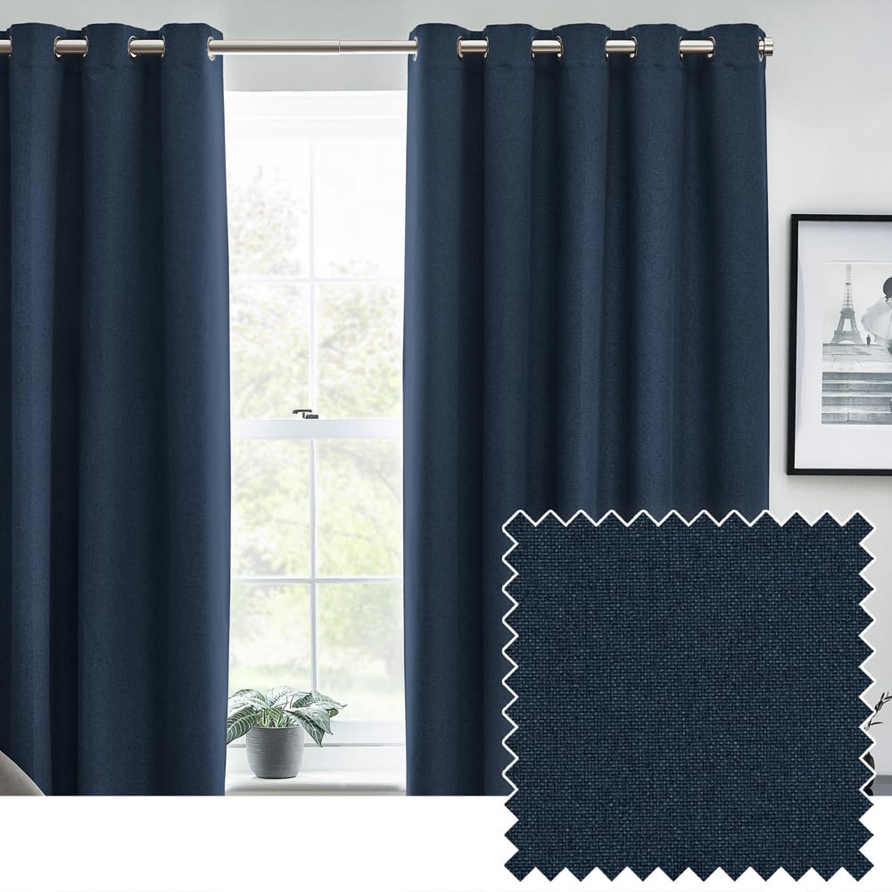 furn. Dawn Textured Blackout Eyelet Curtains, Thermal Lined Pair (Midnight, Width 117 x Drop 137cm), Blue