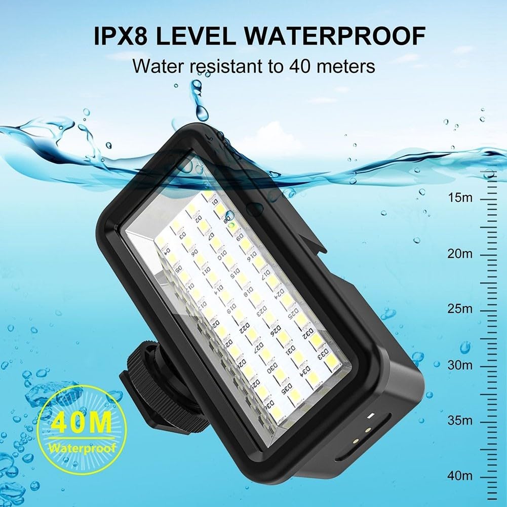 Besttoolifes Luz de relleno de buceo para fotografía subacuática IPX8, impermeable, 40 m de profundidad, 2500 mAh, batería de carga magnética, soporte de zapata fría para GoPro para cámaras de acción