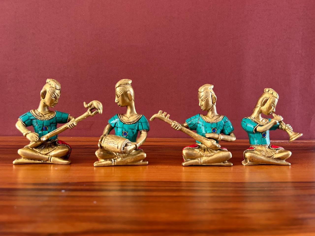 Joyful - Set musicale in ottone con lavorazione in pietra, 4 pezzi, collezione di idoli musicisti per matrimonio, regalo di nozze, set musicista in ottone, 11,4 cm, decorazione per la casa