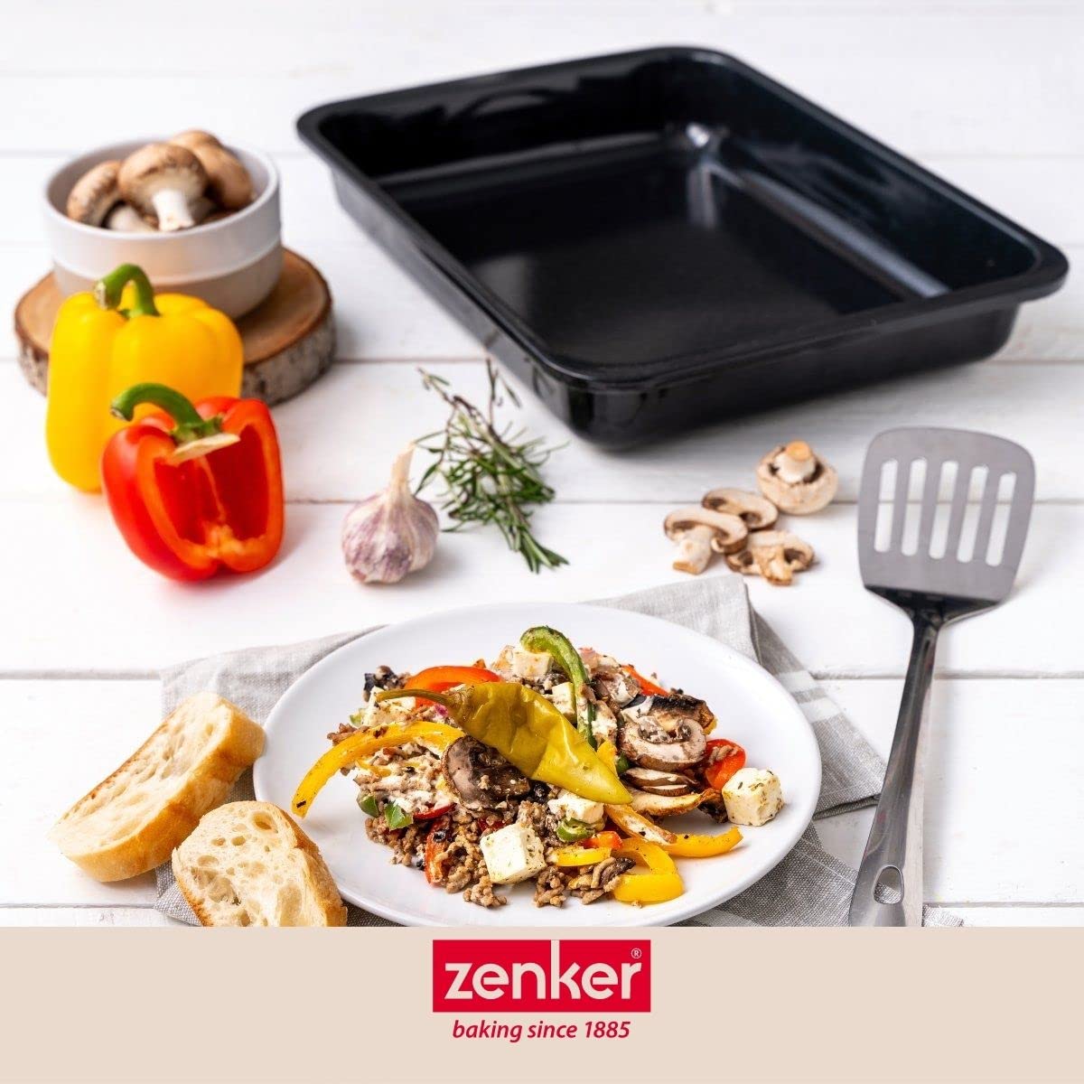 Zenker 7293 plat au four grand taille rectangulaire XXL, pour gratin, moule à gâteau, Pour rôtir, Acier émaillé, noir, 40 x 29 x 6 cm