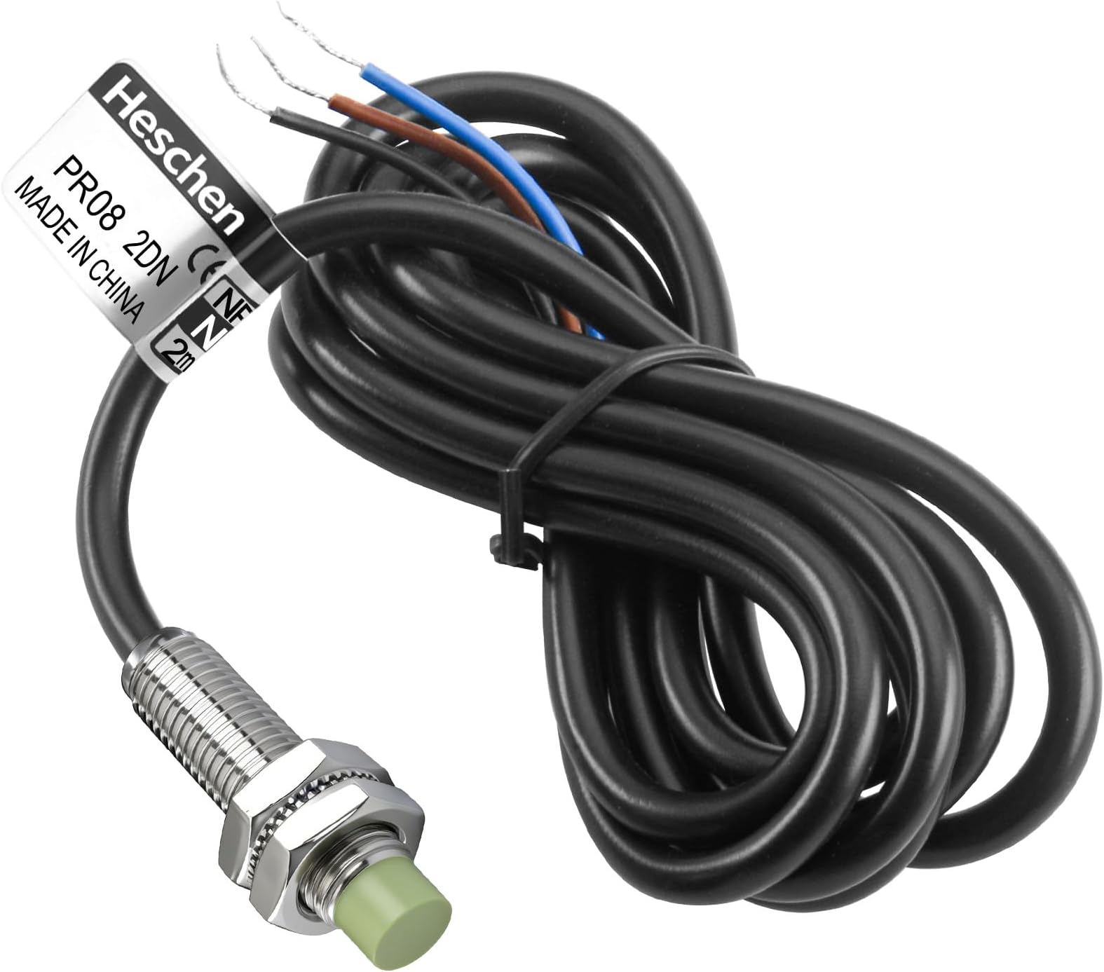 Heschen M8 Inductive Proximity Sensor Switch PR08-2DN Cylindrical Type Detector 2mm DC12-24V 3-Wire NPN NO(Normally Open) CE