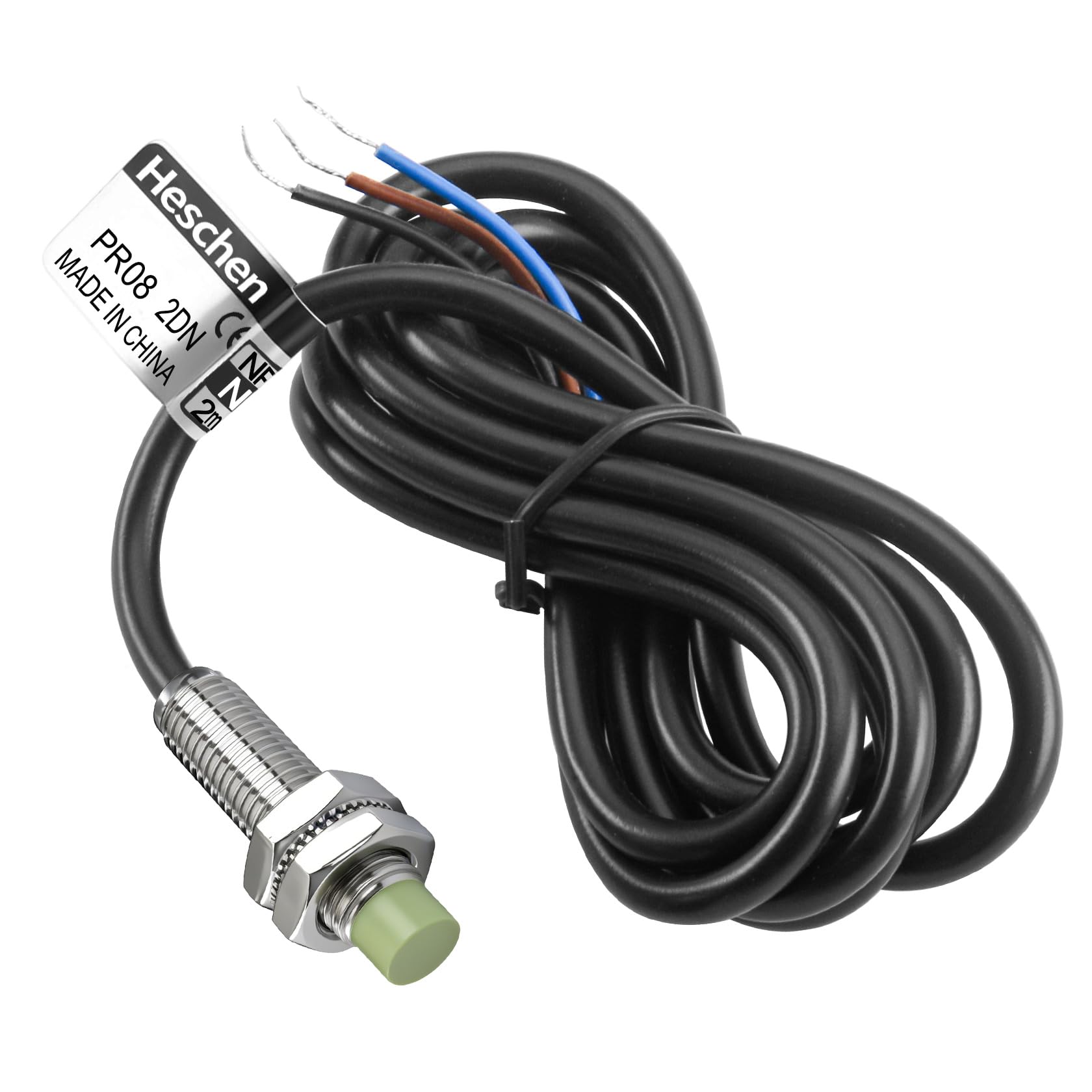 Heschen M8 Inductive Proximity Sensor Switch PR08-2DN Cylindrical Type Detector 2mm DC12-24V 3-Wire NPN NO(Normally Open) CE