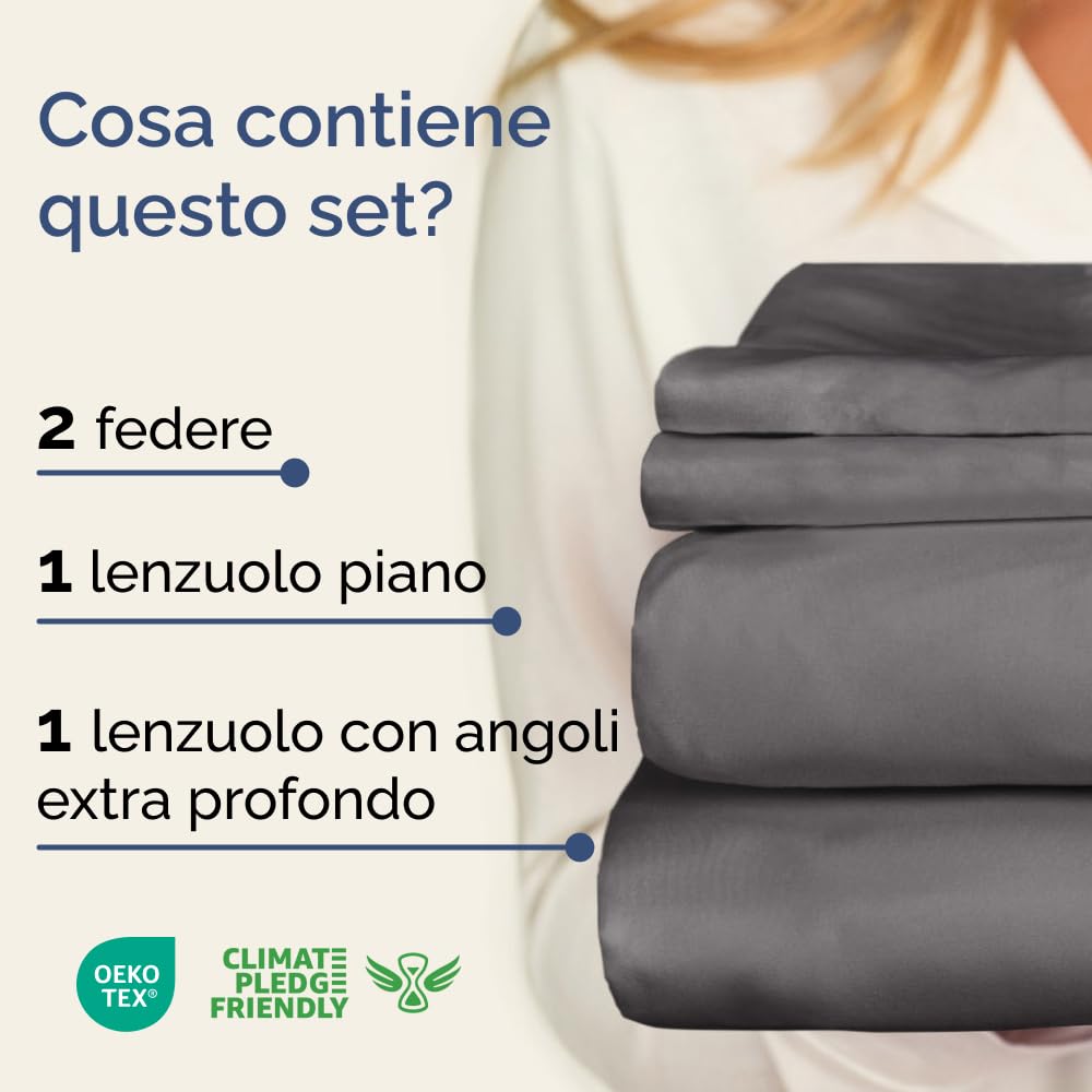 Set lenzuola singolo 4 pezzi – lenzuolo con angoli 90x190cm, lenzuolo piano 170x240 cm e 2 federe 50x80cm – adatto a materassi fino a 35 cm – morbida microfibra di poliestere, OEKO-TEX, Grigio scuro