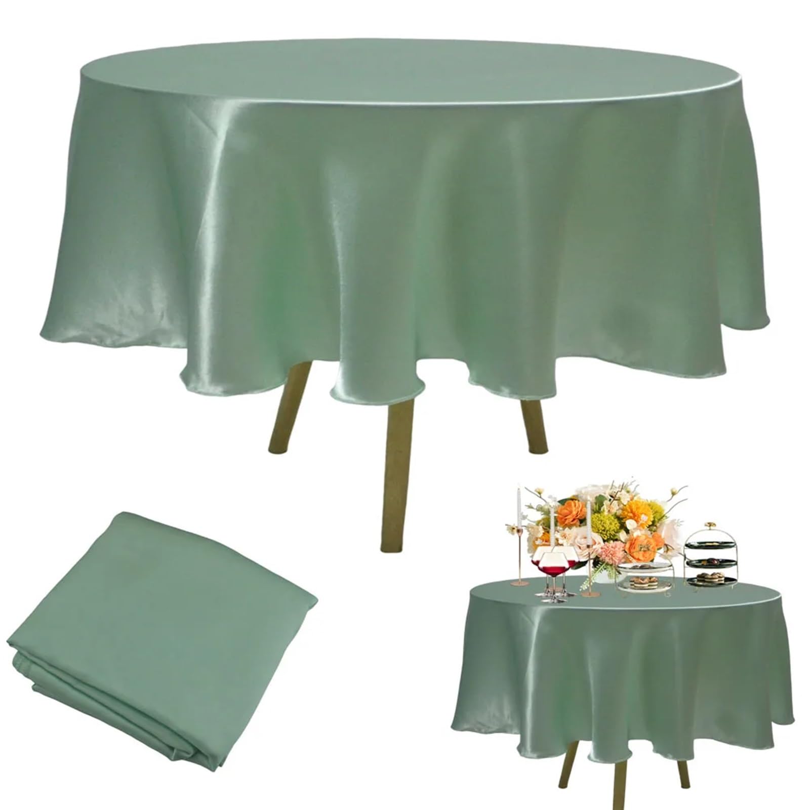 Obrus prostokątny, Okrągły obrus satynowy wielokolorowy 57-132 cali zmywalny dekoracja weselna(Green2,Round 335cm-132inch)