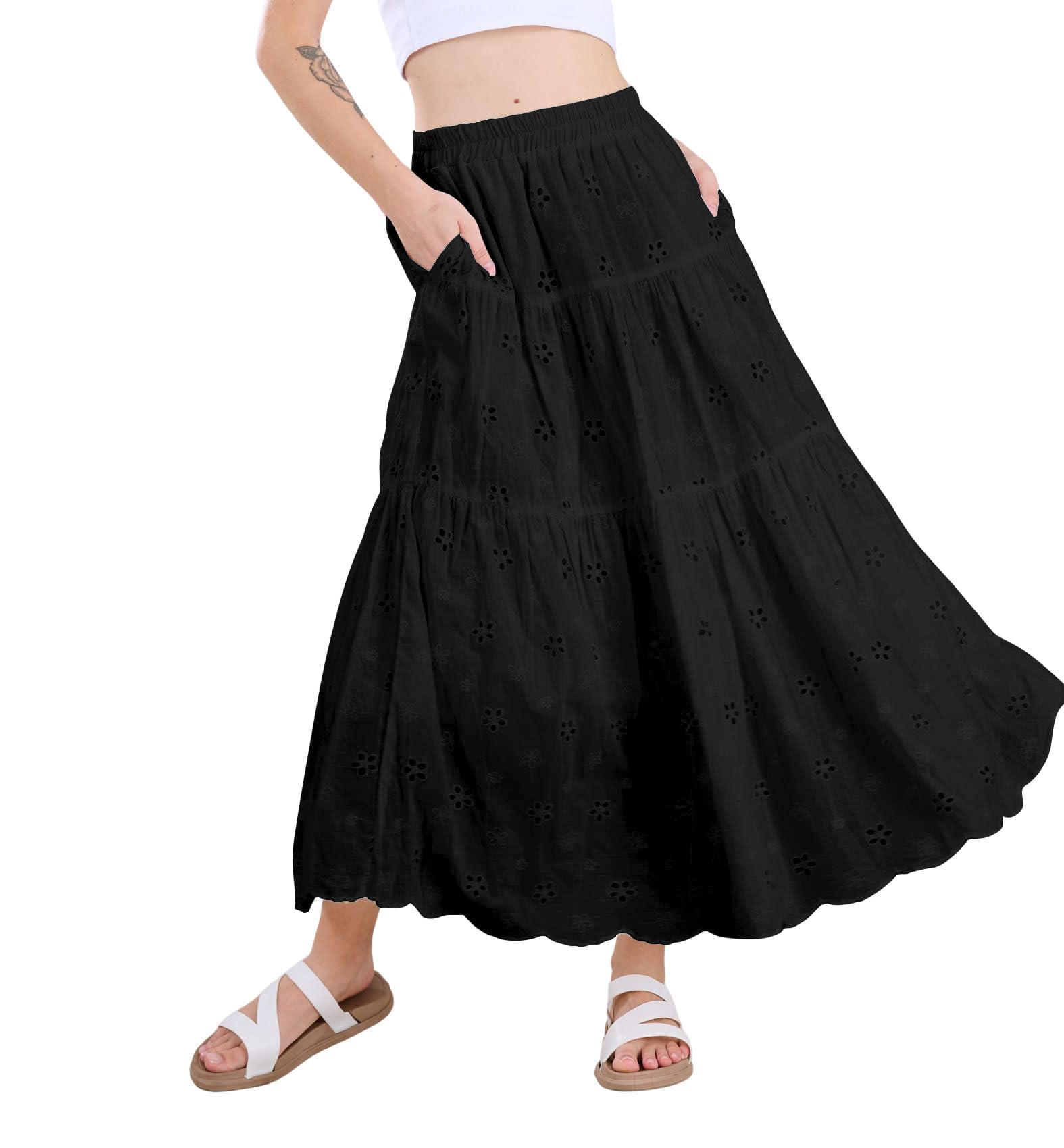 chouyatou Womens Lace Embroidery Eyelet Boho Skirt High Elastic Waisted Flowy Swing Midi Long Skirt