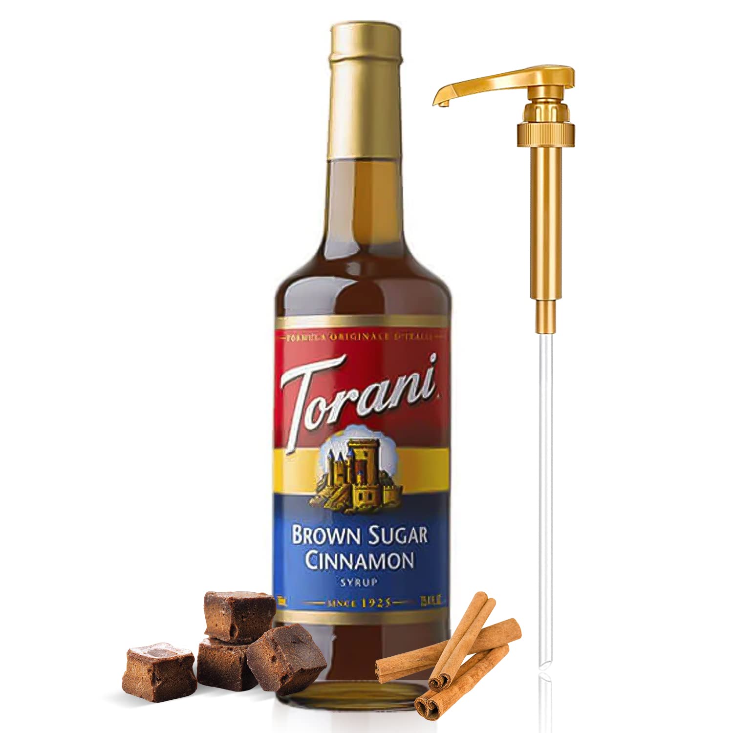 AlphaPantry Premium Brown Sugar Cinnamon 750 ml Coffee Syrup Flavoring With Alpha Pantry Gold Pump Coffee Syrup Dispenser
