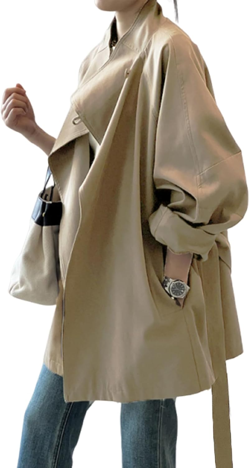 utcoco Womens Open Front Trench Coat 2025 Fall Outfits Fashion Stand Collar Windproof Overcoat Outerwear with Belt