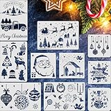 10 Stück Schablonen Weihnachten, 3 Größen Stencil Schablone Weihnachts Klein Groß Weihnachtsschablonen Malen Frohe Schriftzug Kinder, Schneespray Fenster Schablonen Tannenbaum Schneeflocken Rentier