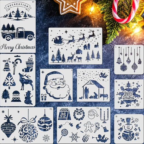 10 Stück Schablonen Weihnachten 3 Größen Stencil Schablone Weihnachts Klein Groß Weihnachtsschablonen Malen Frohe Schriftzug Schneespray Fenster Schablonen Tannenbaum Schneeflocken Rentier