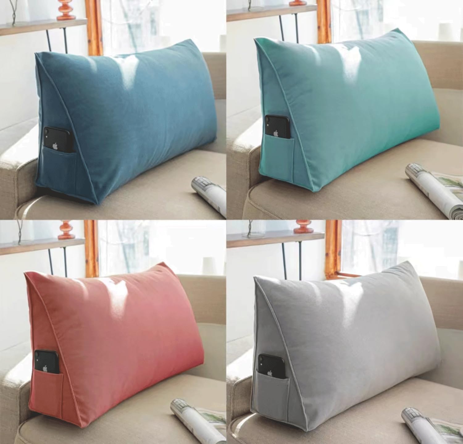 Wedge Bed Pillow Back Support Backrest Reading Pillows for Lumbar Throw Office Chair Sofa Couch with Removable Triangular Velvet Cover(Size:60x35x20cm,Color:Grey)