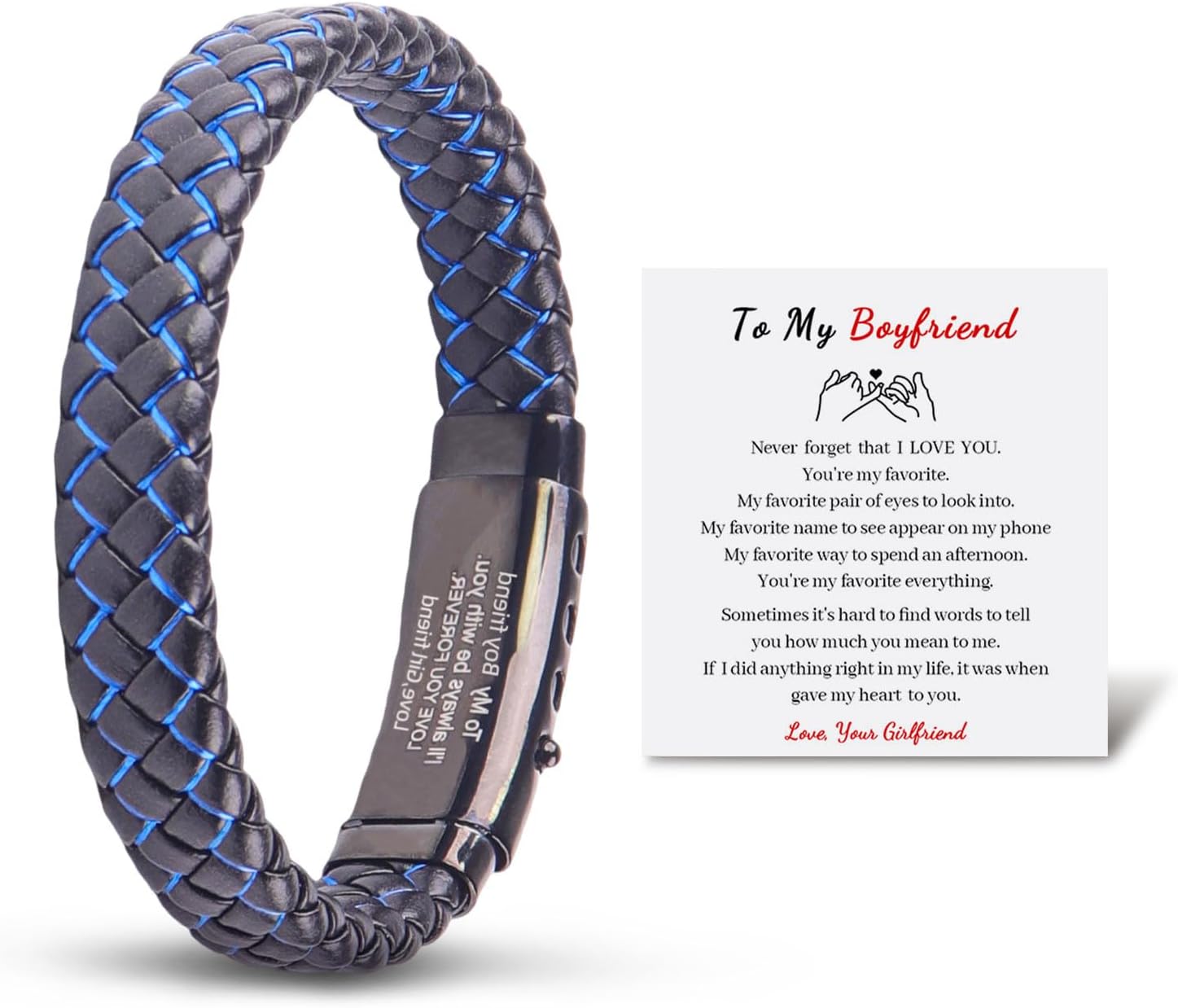 To My Boyfriend Blue Bracelet Love You Forever Adjustable Cuff Bangle Bracelet,Men's Stainless Braided Leather Bracelet Bangle Wristband Graduation Birthday Gift