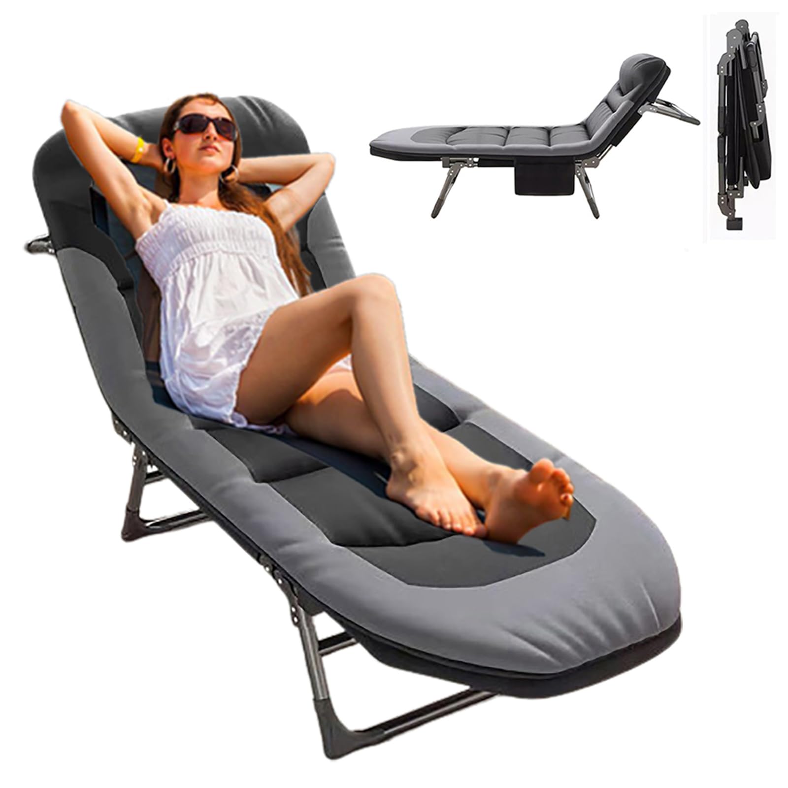 Lettino da campeggio pieghevole, pieghevole con materasso e tasca laterale, regolabile in 5 posizioni, letto pieghevole per campeggio, viaggi, spiaggia, giardino, esterni e interni (nero)