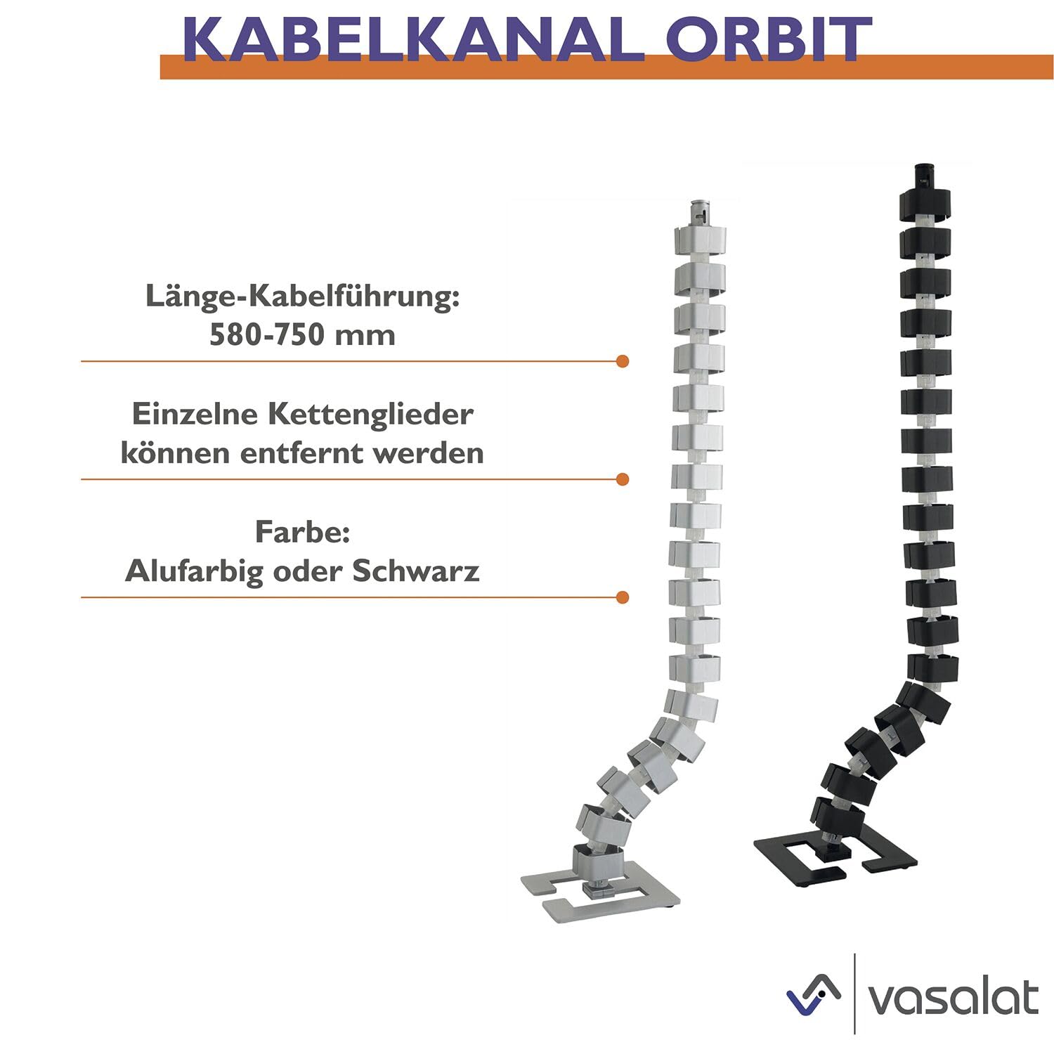 vasalat Orbit, scrivania per la gestione dei cavi, set completo con passacavi 90 x 90 mm + canalina magnetica per cavi + clip di montaggio + magneti neri, lunghezza 580-750 mm