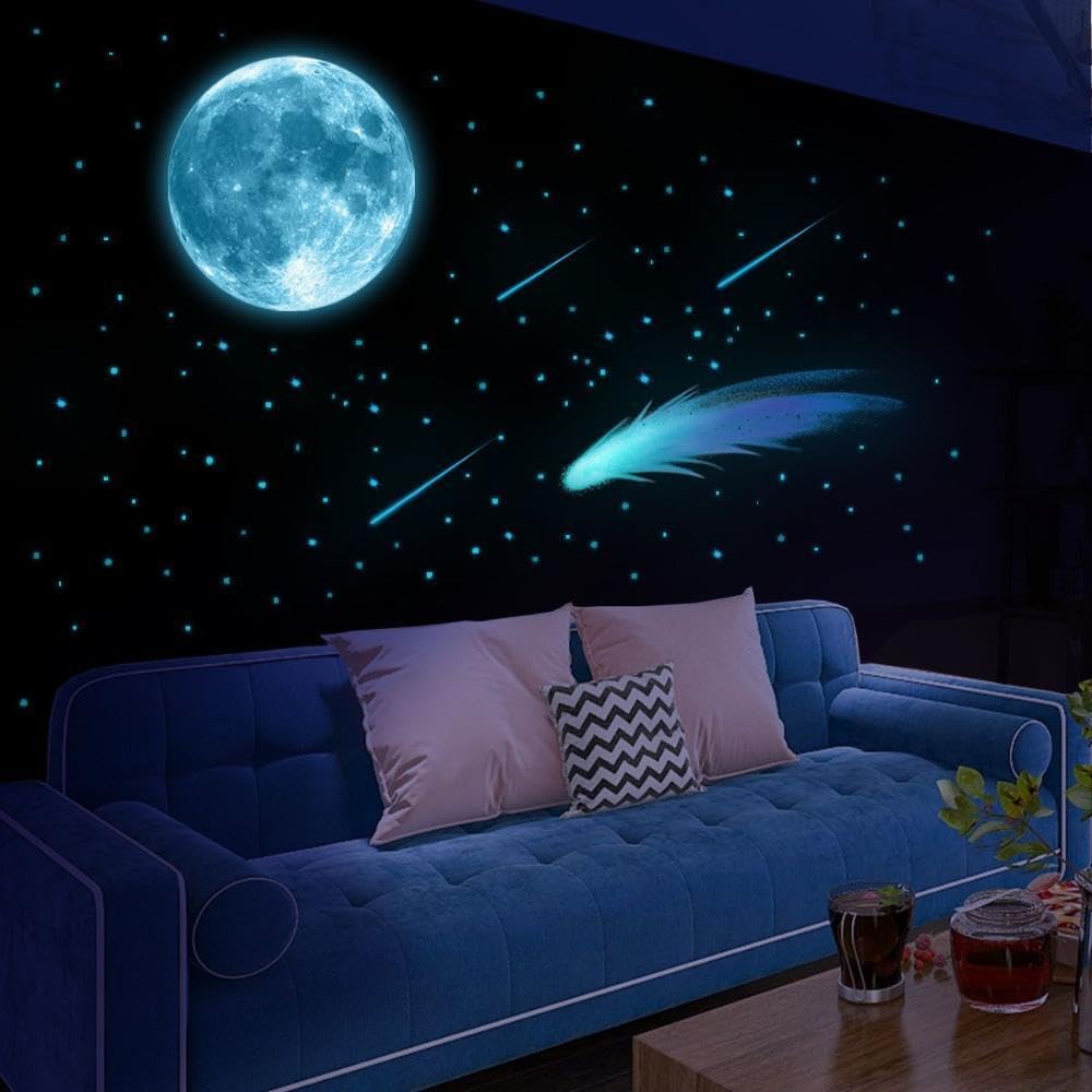 Luminous Moon & Shooting Stars Glow in The Dark Wall Stickers – Premium Radium Night Sky Galaxy Wall Decals for Bedroom Living Room Kids Room – Large Full Moon with Stars & Comet Tail –Removable
