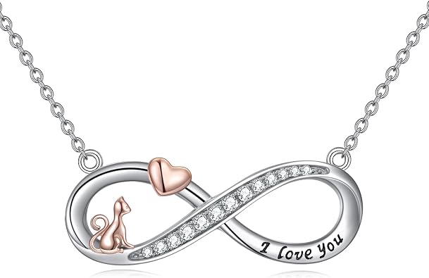 Infinity Necklace for Women Sterling Silver Heart And Cat Necklace Pendant Forever My Friend Female Friendship Jewelry Birthday Christmas Holiday Graduation Gift