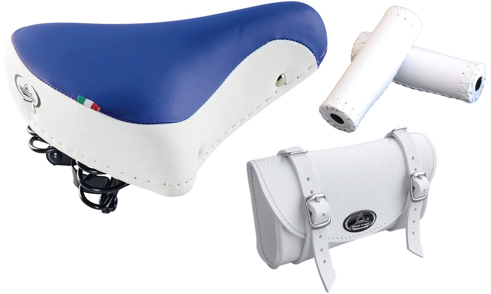 Tris Montegrappa (white/blue + white): vintage saddle MOD. 08/F + bag MOD 0016 + handles…, Blue,White