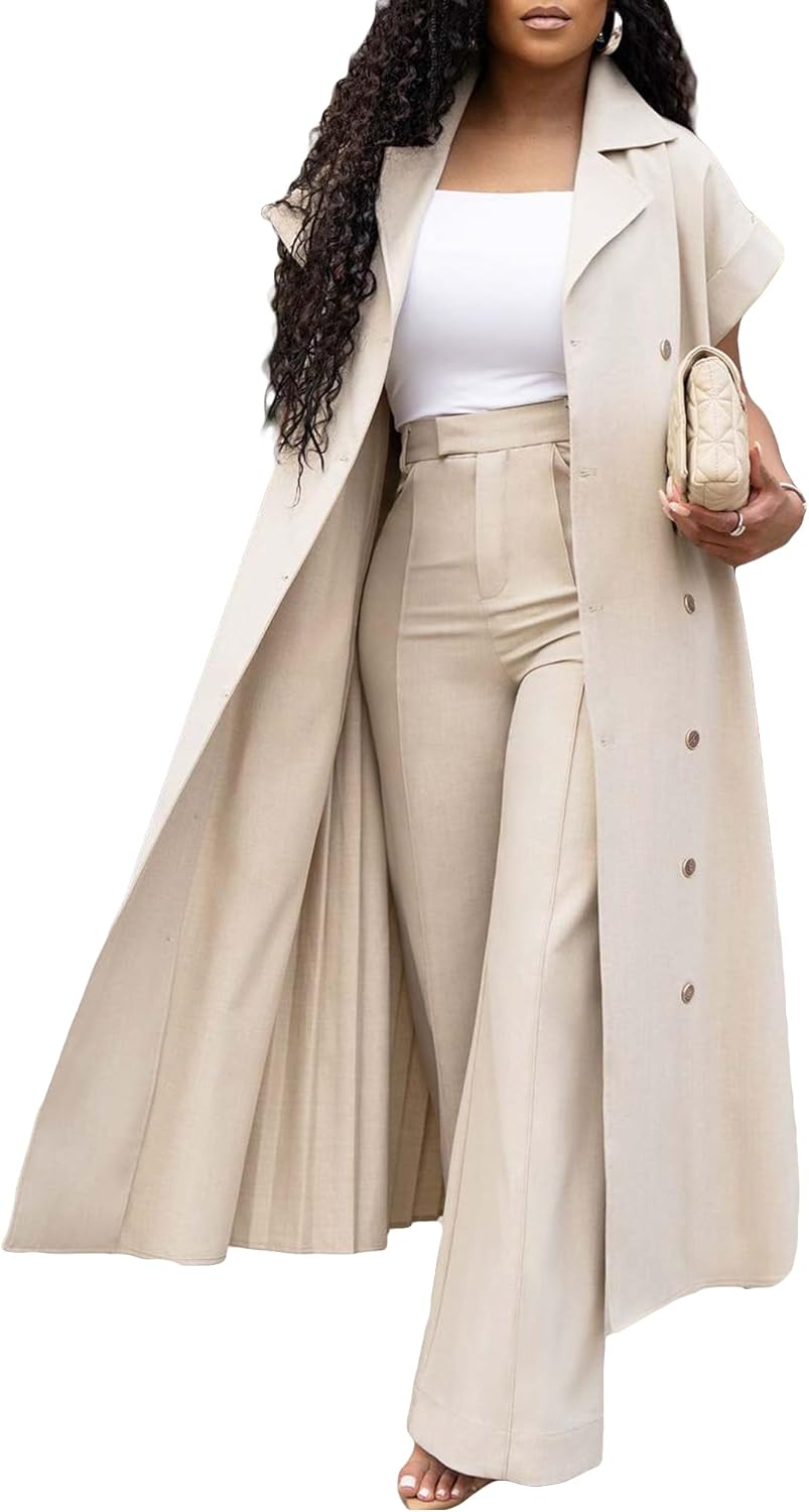 Tbahhir Women's Casual Jacket Outfits 2 Piece Pants Sets Pleated Long Cardigan Wide Leg Baggy Trousers Business Suit