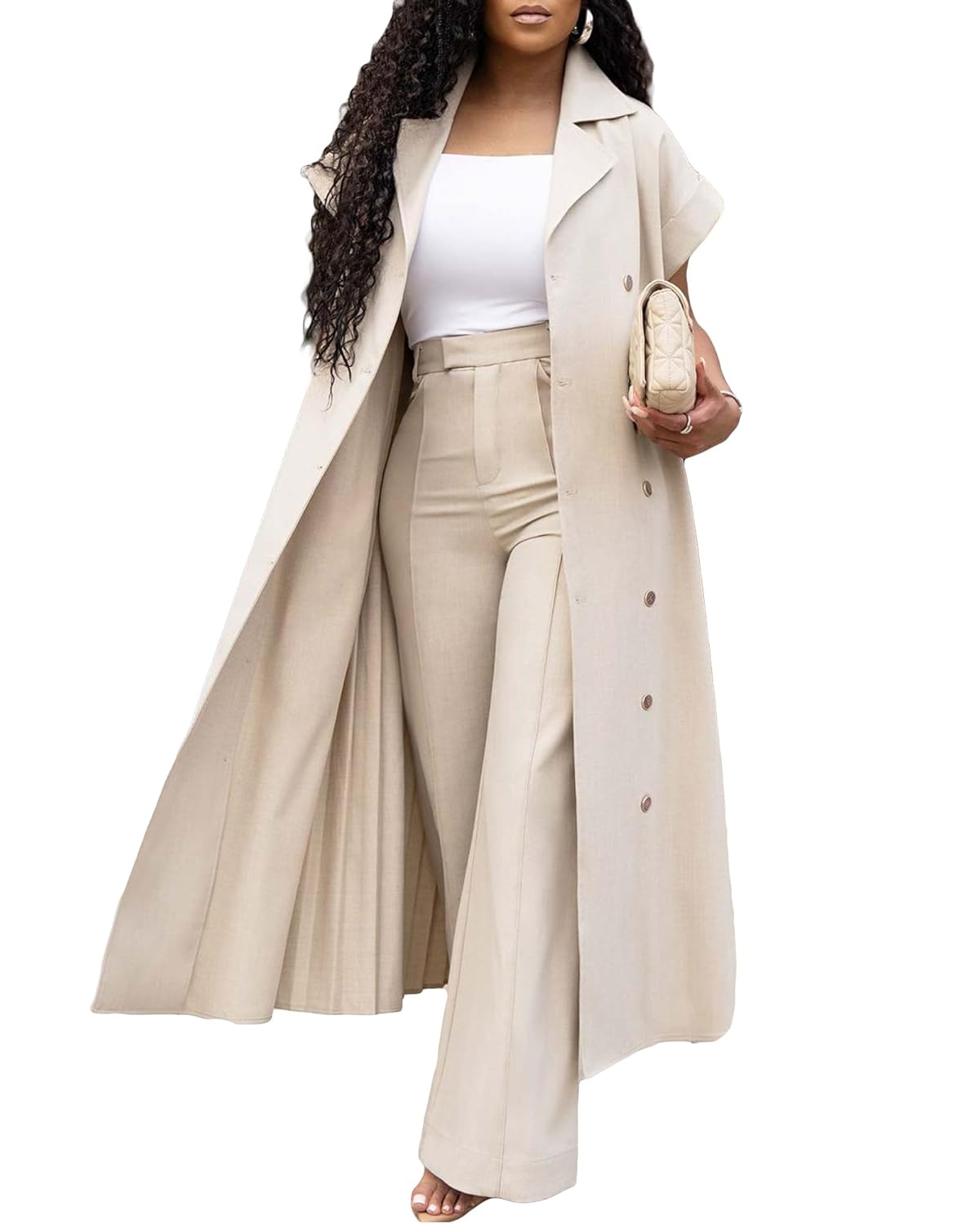 Womens 2 Piece Pant Suits Blazer Jacket Pleated Long Cardigan Wide Leg Baggy Trousers Business Casual Outfits