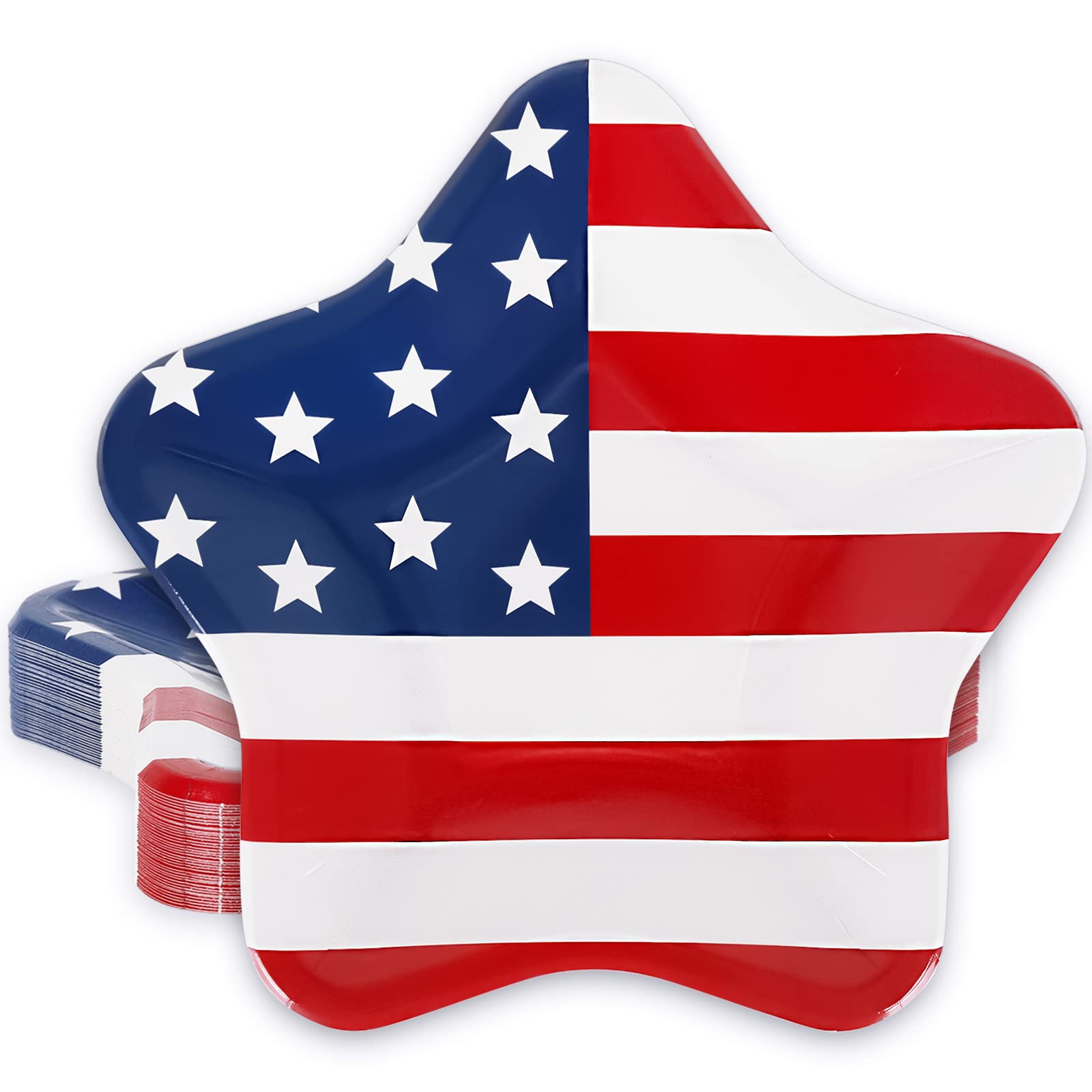 Whaline 40Pcs Patriotic Paper Plates American Flag Star Shaped Disposable Plates 4th of July Star Decorative Tableware for Independence Day Party
