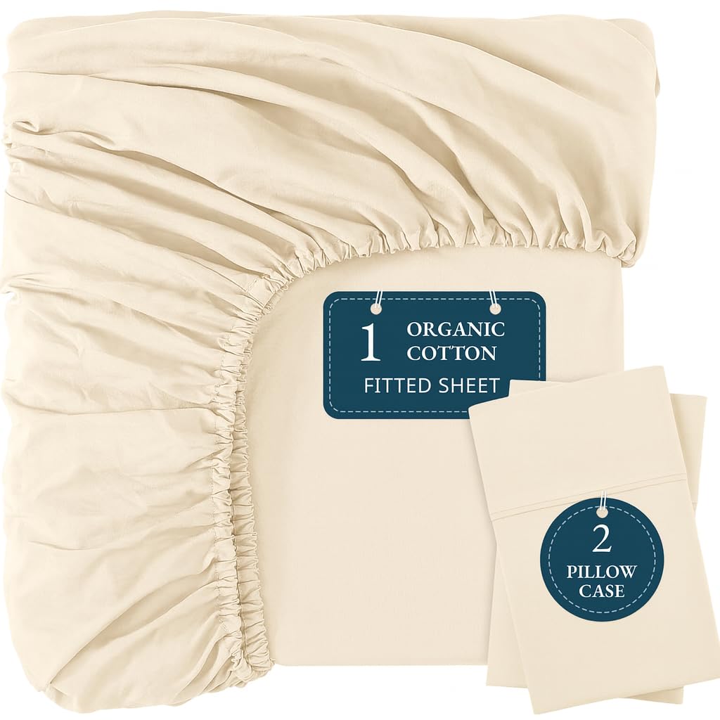 Organic Cotton King Fitted Sheet – Ultra Soft & Breathable with 2 Pillow Covers, 35cm De...