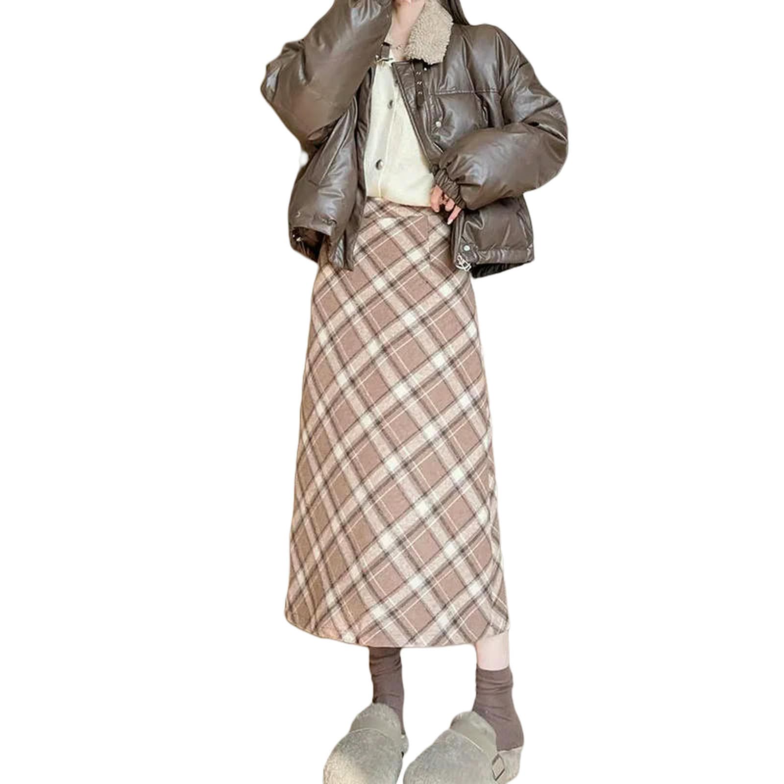 Gonna Lunga Gonne Scozzesi Vintage Donna Autunno Inverno Divisa A Vita Alta Trapezio Contrasto Streetwear Femminile-Kaki Normale-XL