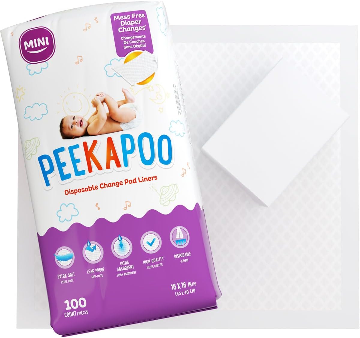 Peekapoo Disposable Changing Pads for Baby - 100 Pack - 18 x 16 Inches - Waterproof Absorbent Changing Pad Liners - Travel Mat for Diaper Changes