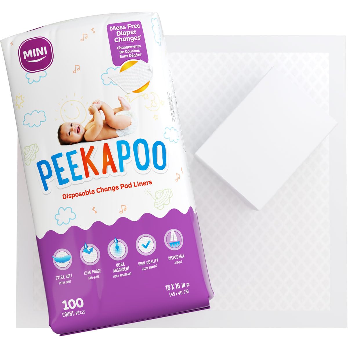 Peekapoo Mini - 100 Pack Disposable Changing Pads for Baby 18 Inches x 16 Inches Disposable Waterproof Liners