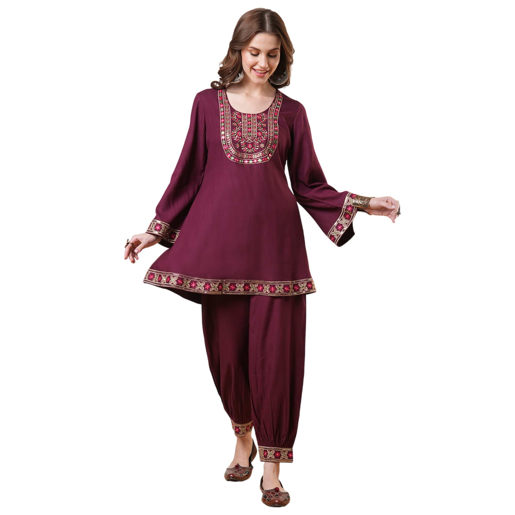 globus Women Embroidered Yoke Bell Sleeves Tunic & Elasticated Waist Afghani Pants Fusion Co-Ord Set-picture-25