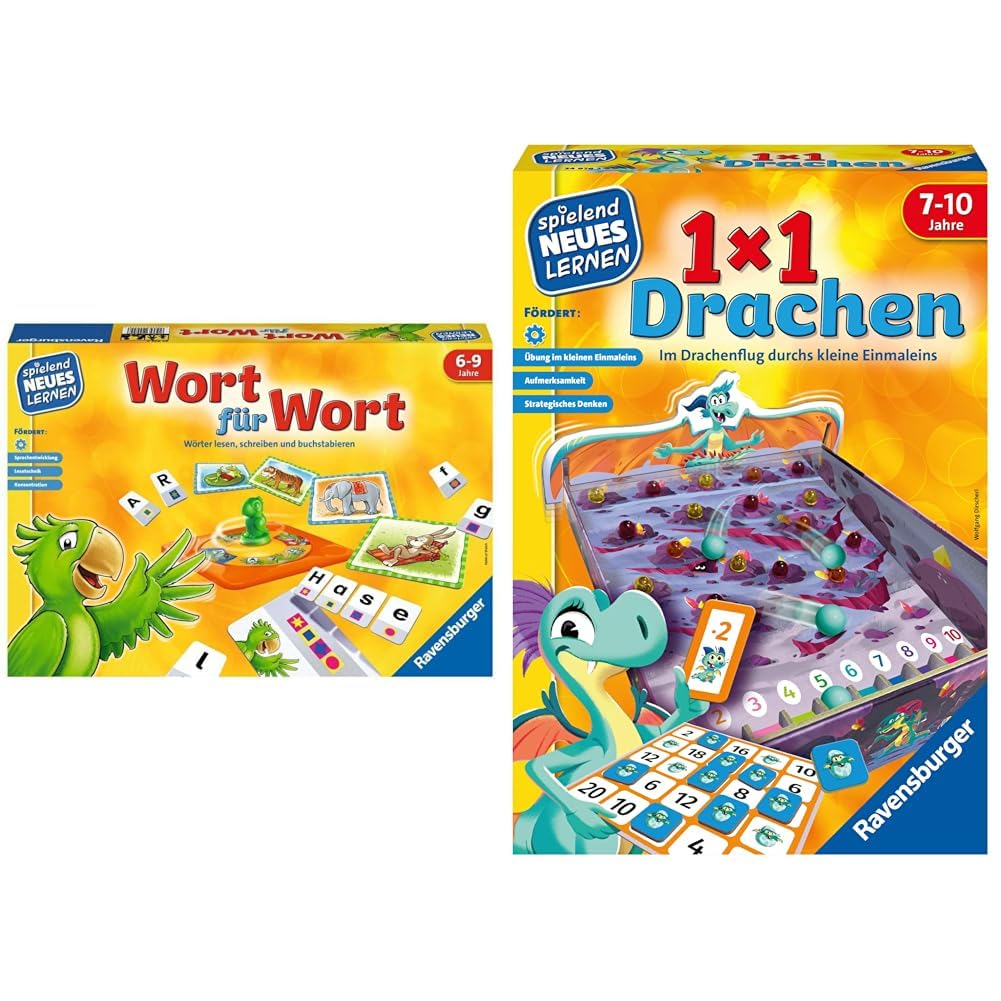 Ravensburger 24955 - Wort für Wort - Spielen und Lernen für Kinder & 24976-1x1 Drachen - Lernspiel für Kinder, Rechenspiel