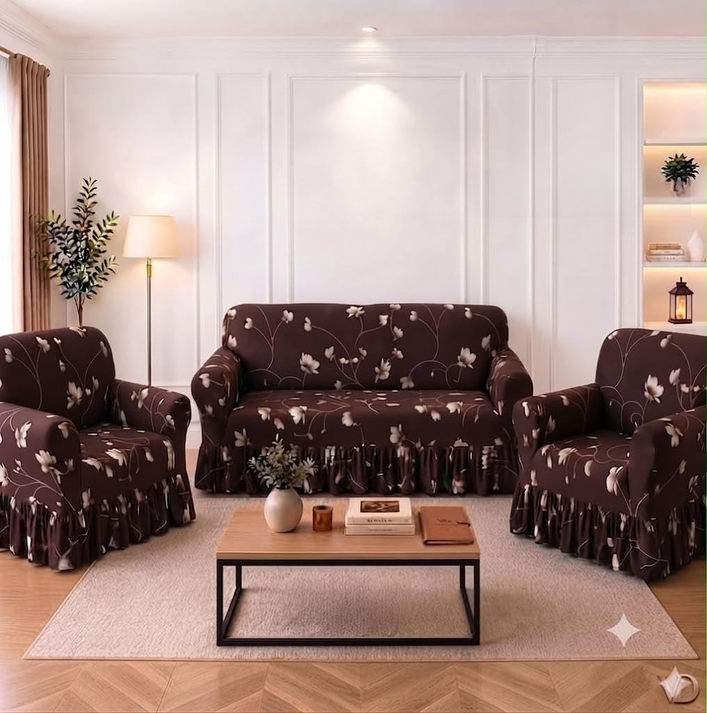 Elastic 5-Seater Sofa Cover Set with Coffee Flower Frill Skirt | Stretch Fit, Complete Protection, Frill Design, Sofa Slipcover, Full Coverage-image-40