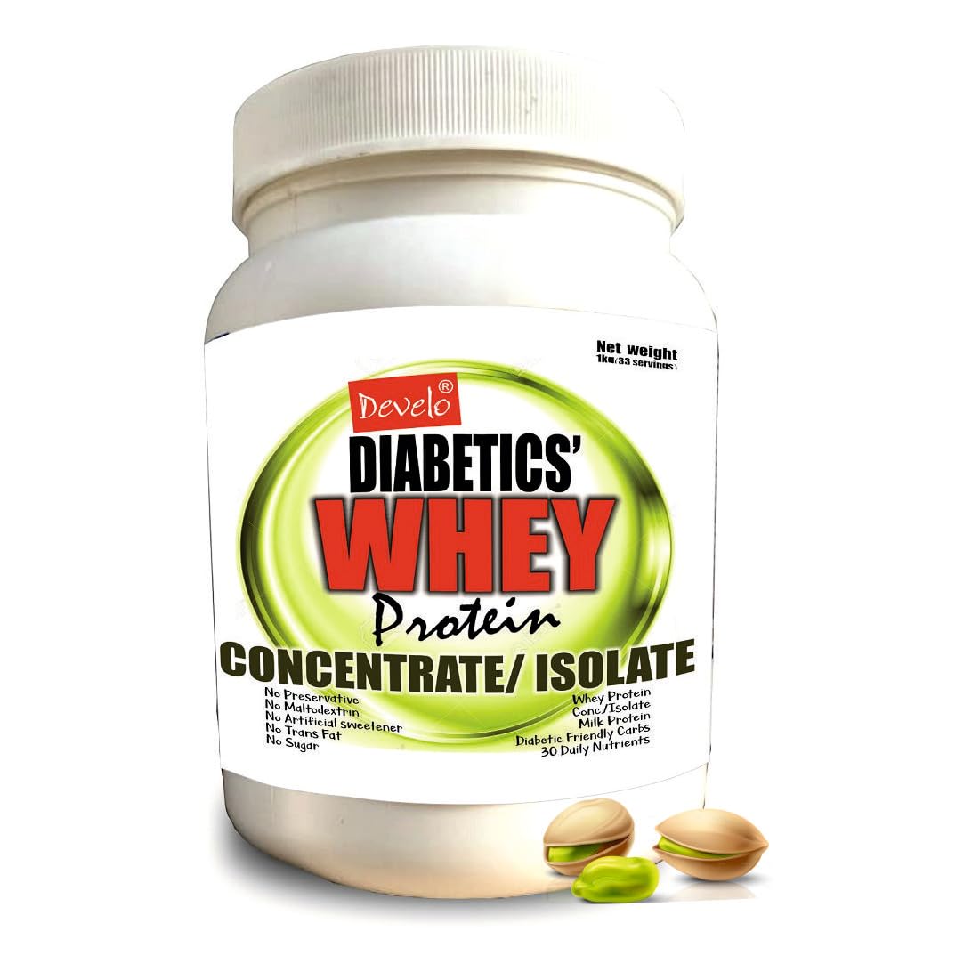 Develo Diabetic Whey Protein for Diabetes Care, Sugar Free Powder + Nutrisugar - 1 kg (Elaichi Pista)